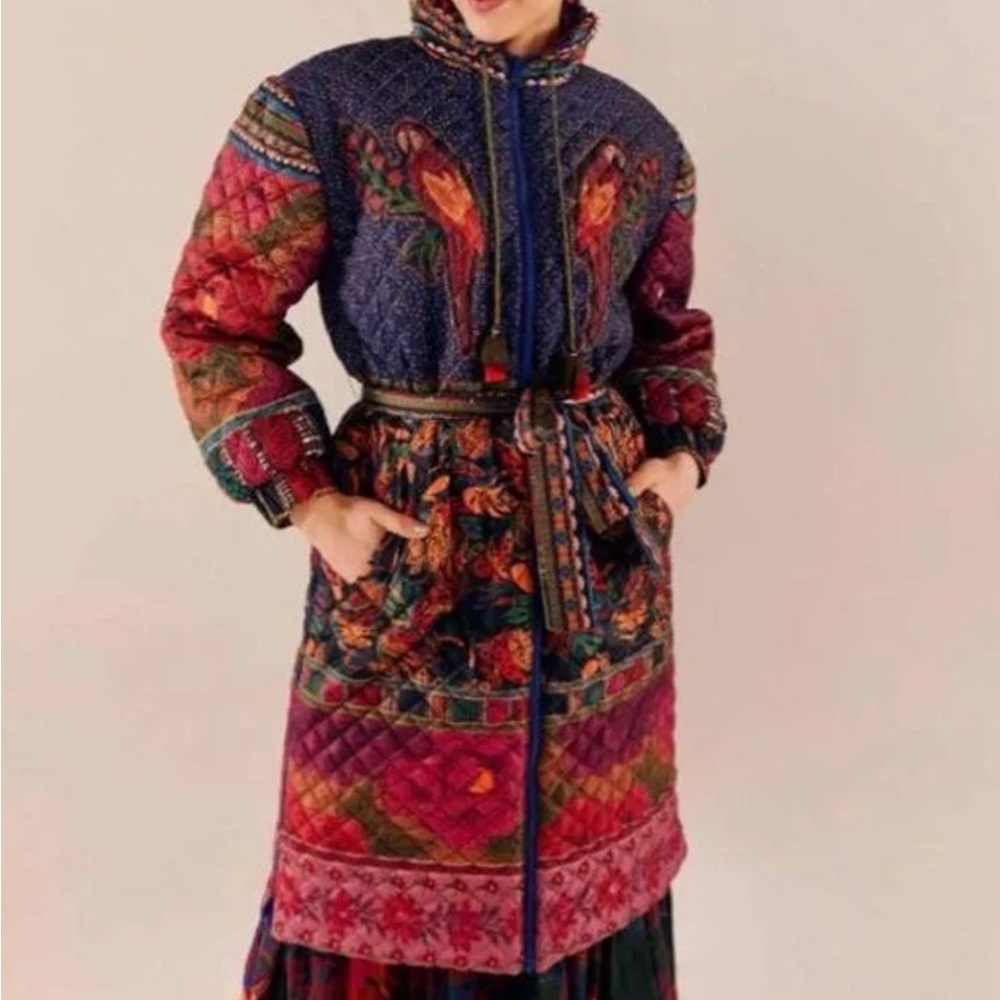 Farm Rio Mixed Patchwork reversible belted puffer jacket NWT